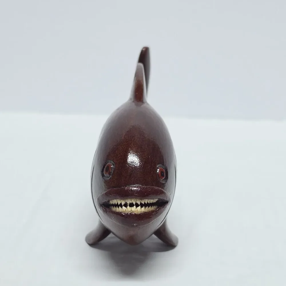 Piranha Vintage Hand Carved Wooden Figurine With Real Teeth